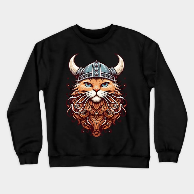 Funny Viking Warrior Cat Norse Mythology Cartoon Portrait Crewneck Sweatshirt by TomFrontierArt